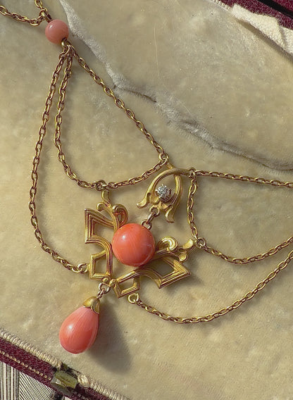 ANTIQUE • Art Nouveau 14k Yellow Gold w/ Natural Coral & Diamond Festoon Necklace