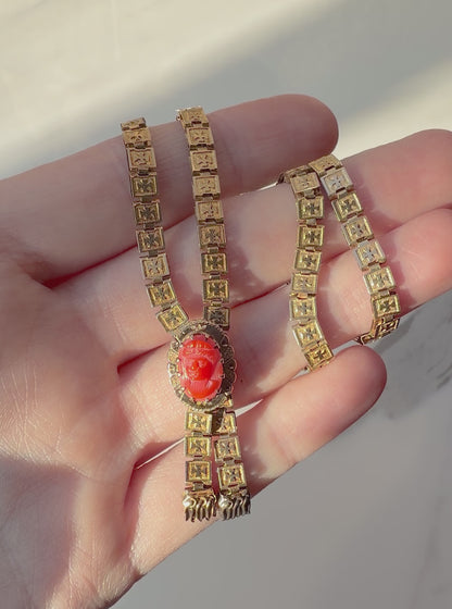 ANTIQUE • Victorian 9ct Yellow Gold w/ Coral Cameo Clasp Lariat Book Chain Necklace