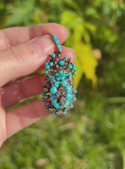 ANTIQUE • Victorian 14k Silver-Topped Gold Persian Turquoise & Rose Cut Diamond Pendant/Brooch