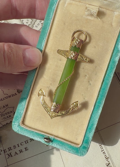 ANTIQUE • Victorian 9ct Yellow Gold Nephrite Jade Anchor Pendant & Brooch