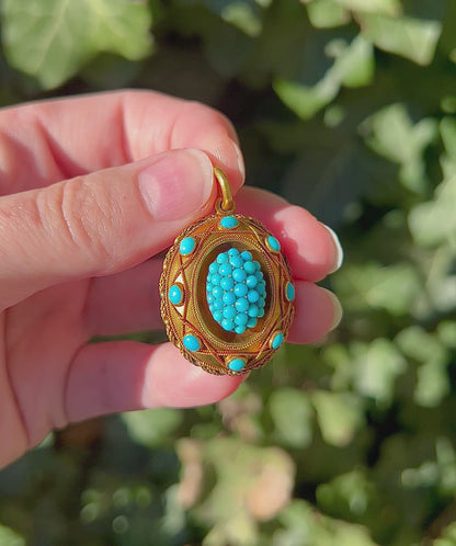 ANTIQUE • Victorian 14k Yellow Gold w/ Persian Turquoise Locket Back Pendant