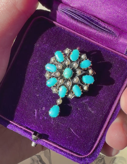 ANTIQUE • Victorian 10k Silver-Topped Yellow Gold w/ Persian Turquoise & Sea Pearl Flower Brooch Pendant