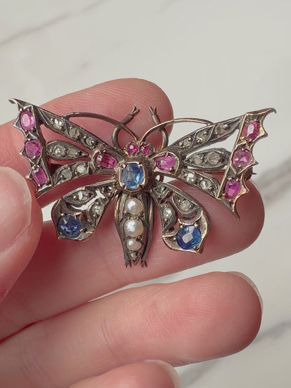 ANTIQUE • Victorian 14k Silver-Topped Yellow Gold Butterfly w/ Blue & Pink Sapphires, Diamonds & Sea Pearls Brooch Pendant