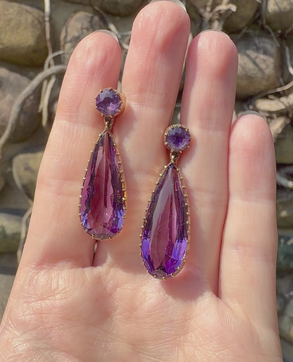 ANTIQUE • Georgian 9-14k Yellow Gold Amethyst Teardrop Earrings