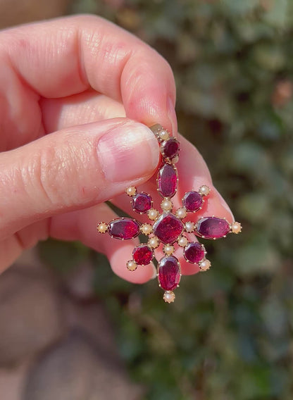 ANTIQUE • Georgian 14k Yellow Gold Foiled Garnet & Seed Pearl Cruciform Pendant