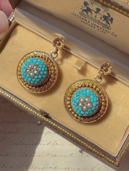 ANTIQUE • Victorian 14k Yellow Gold Celestial Earrings w/ Persian Turquoise, Sea Pearls & Rose Cut Diamonds