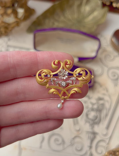 ANTIQUE • Art Nouveau French 18k Yellow Gold & Platinum w/ Diamonds Scroll Brooch Pendant