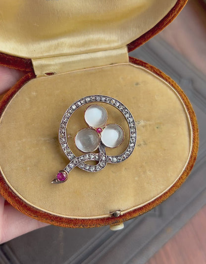 ANTIQUE • Victorian French 18k Rosy Gold Trefoil Brooch w/ Moonstones, Rose Cut Diamonds & Rubies