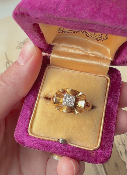 ANTIQUE • Mid-Century 18k Two Tone Gold w/ Transitional Cut Diamond Bow Ring