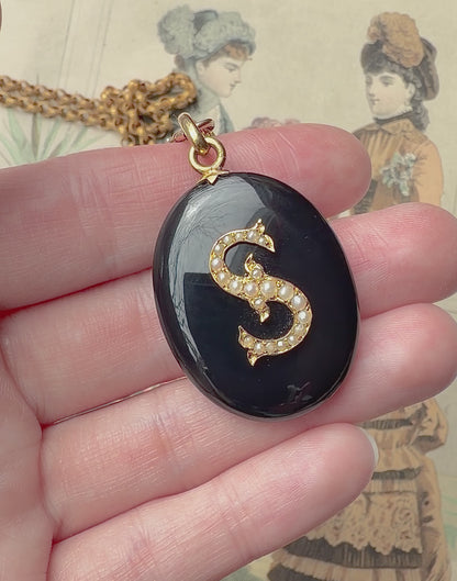 ANTIQUE • Victorian 14k Yellow Gold w/ Onyx & Seed Pearls “S” Initial Locket Pendant