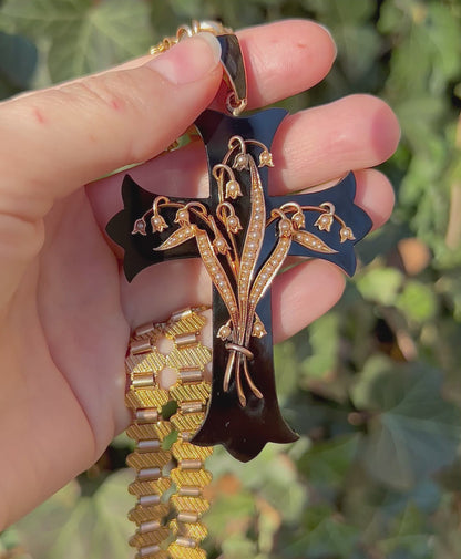 RESERVED • Victorian Onyx 14k Yellow Gold w/ Seed Pearls Mourning Cross Pendant (Payment Plan for “CM”)