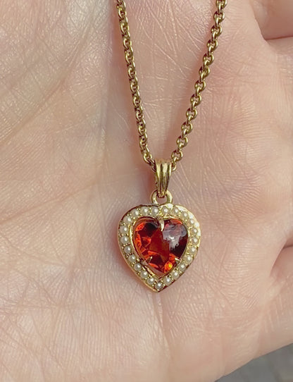 ANTIQUE • Art Nouveau 14k Yellow Gold Madeira Citrine w/ Seed Pearls Heart Charm Pendant