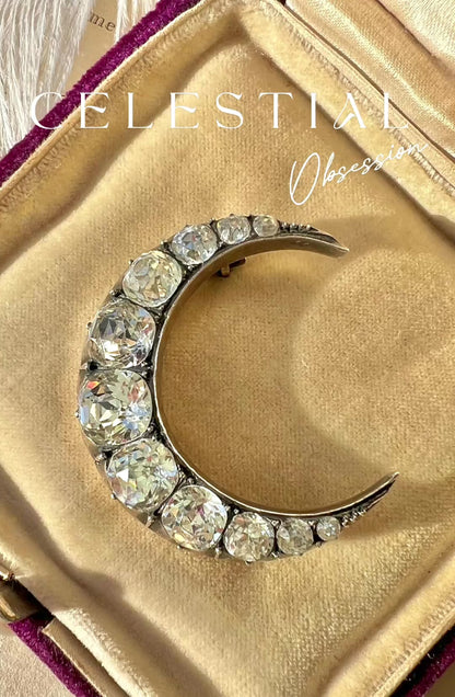 ANTIQUE • Victorian Sterling Silver w/ Cushion Cut Diamond Paste Crescent Brooch