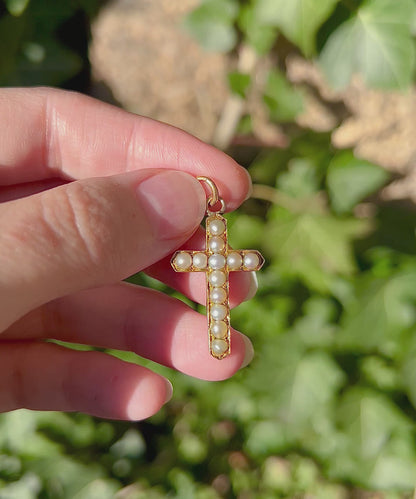 ANTIQUE • Victorian 9ct Yellow Gold w/ Saltwater Pearls Cross Pendant