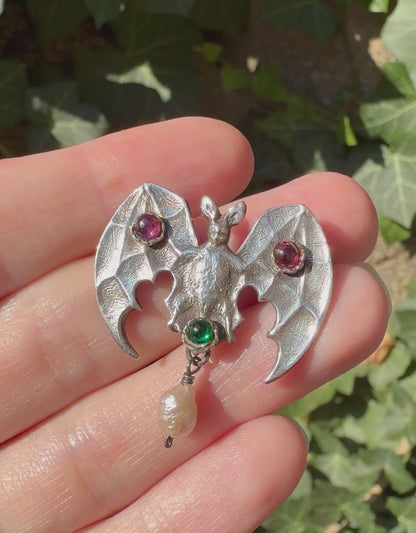 ANTIQUE • Art Nouveau Sterling Silver w/ Paste Gemstones Bat Brooch
