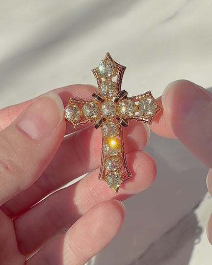 ANTIQUE • Victorian 10/14k Yellow Gold w/ Old Mine Cushion Cut Paste Diamonds & Enamel Cross Pendant Brooch