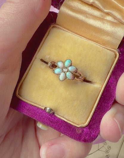 ANTIQUE • Art Nouveau 14k Yellow Gold w/ Australian Opal & Rose Cut Diamond Flower Ring