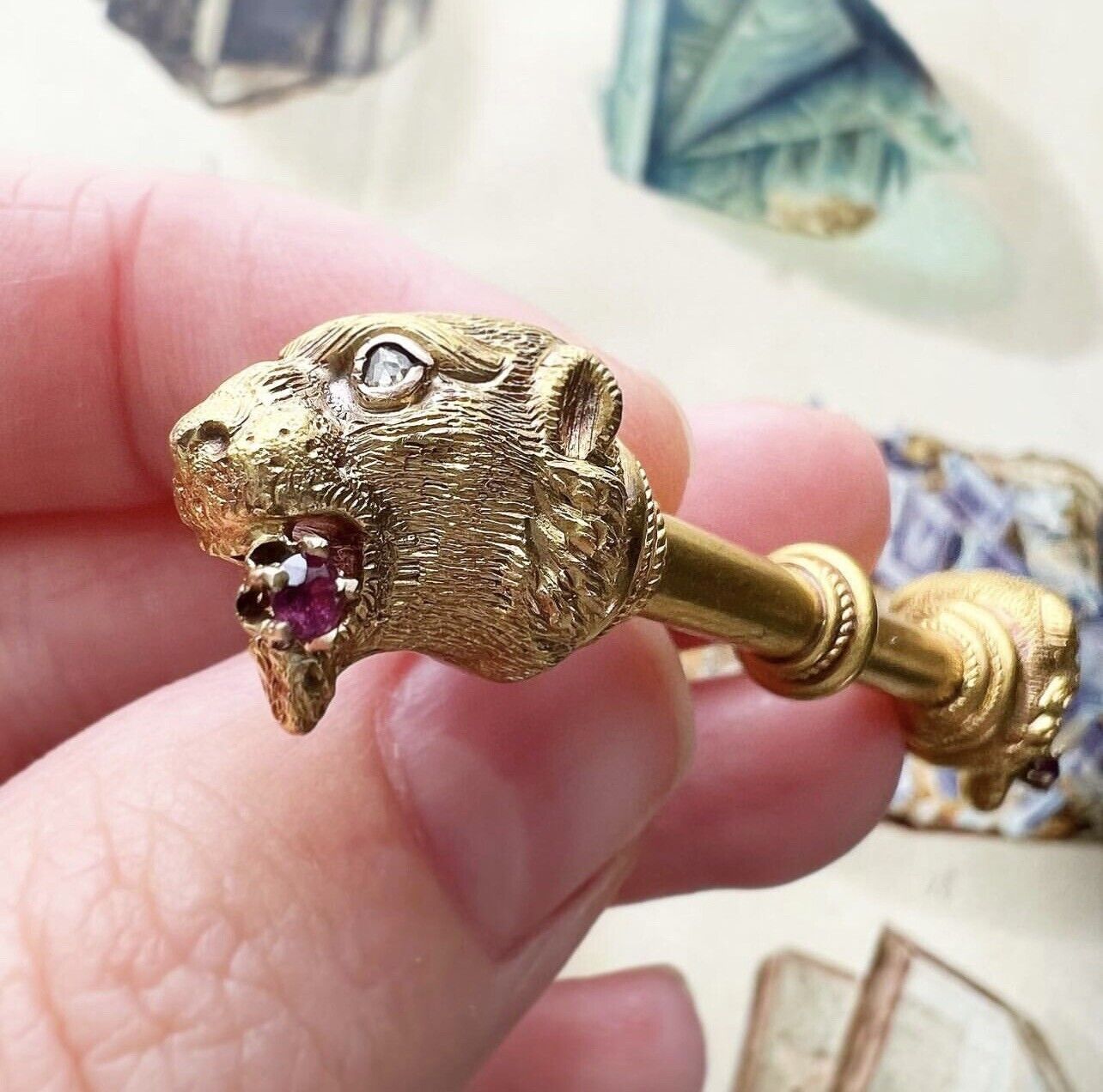 ANTIQUE • Victorian 14k Gold w/ Diamond & Ruby Etruscan Style Double Lion Brooch