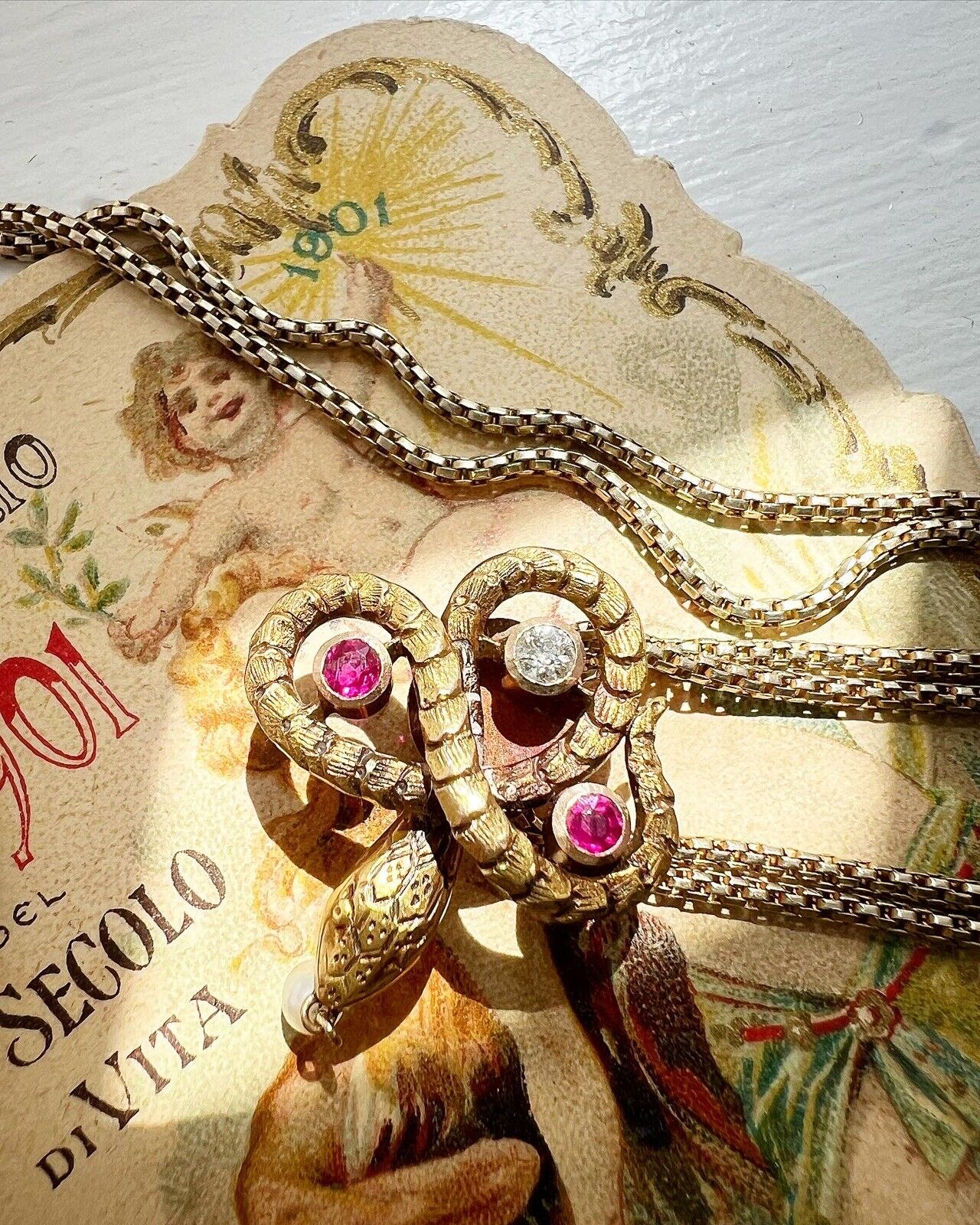 ANTIQUE • Victorian 14k Snake Slider Diamond & Ruby w/ 10k Snake Chain & Clasp