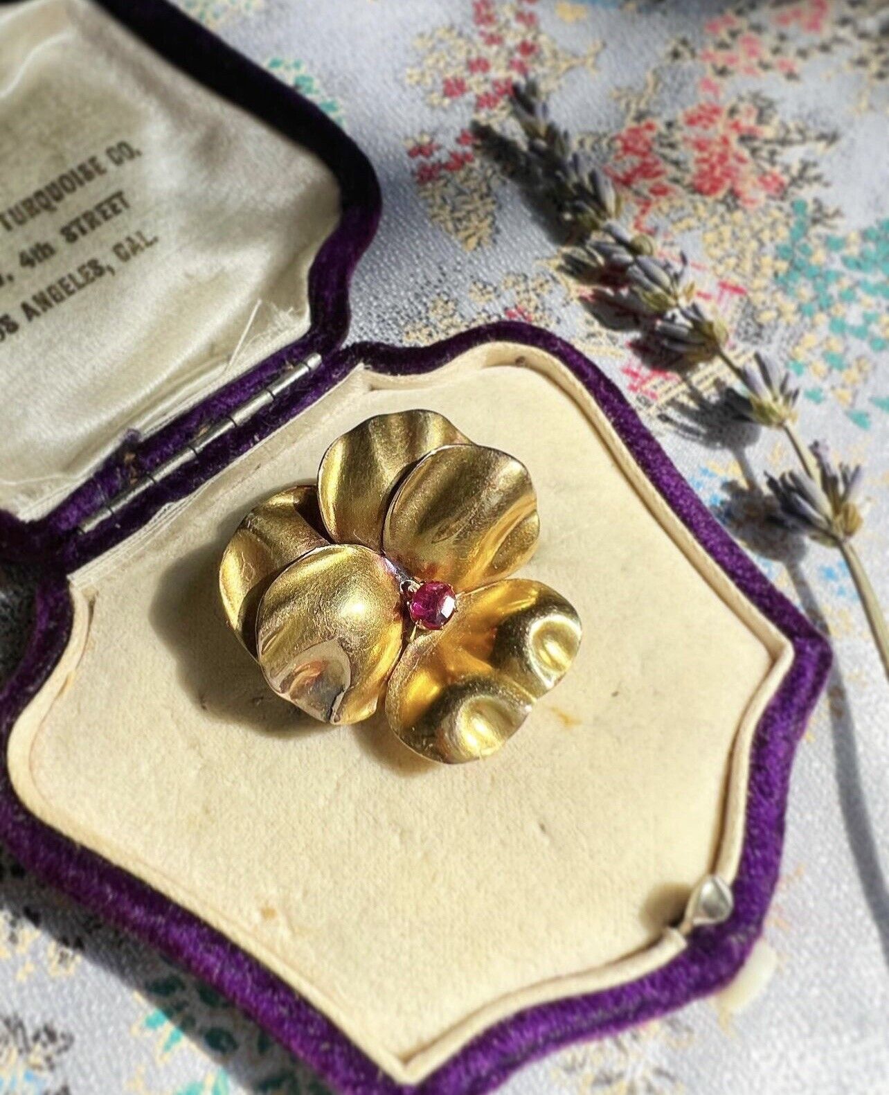 ANTIQUE • Victorian 14k Yellow Gold Pansy Brooch w/ Old Cushion Cut Ruby Center