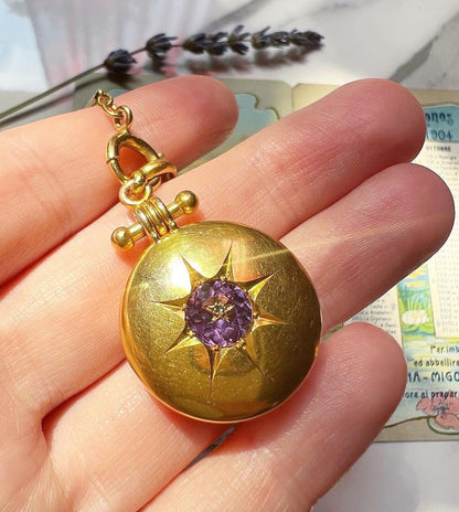 ANTIQUE • Victorian 14k Yellow Gold w/ Amethyst & Diamond Picture Locket