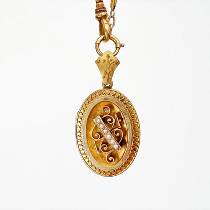 ANTIQUE • Victorian Etruscan Style 18k Yellow Gold w/ Seed Pearls Locket Pendant