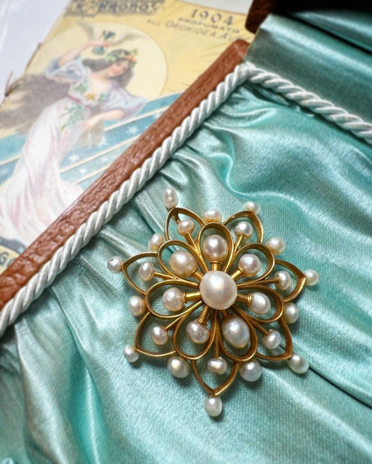 ANTIQUE • Victorian 14k Yellow Gold Natural Sea Pearl Star Flower Pendant