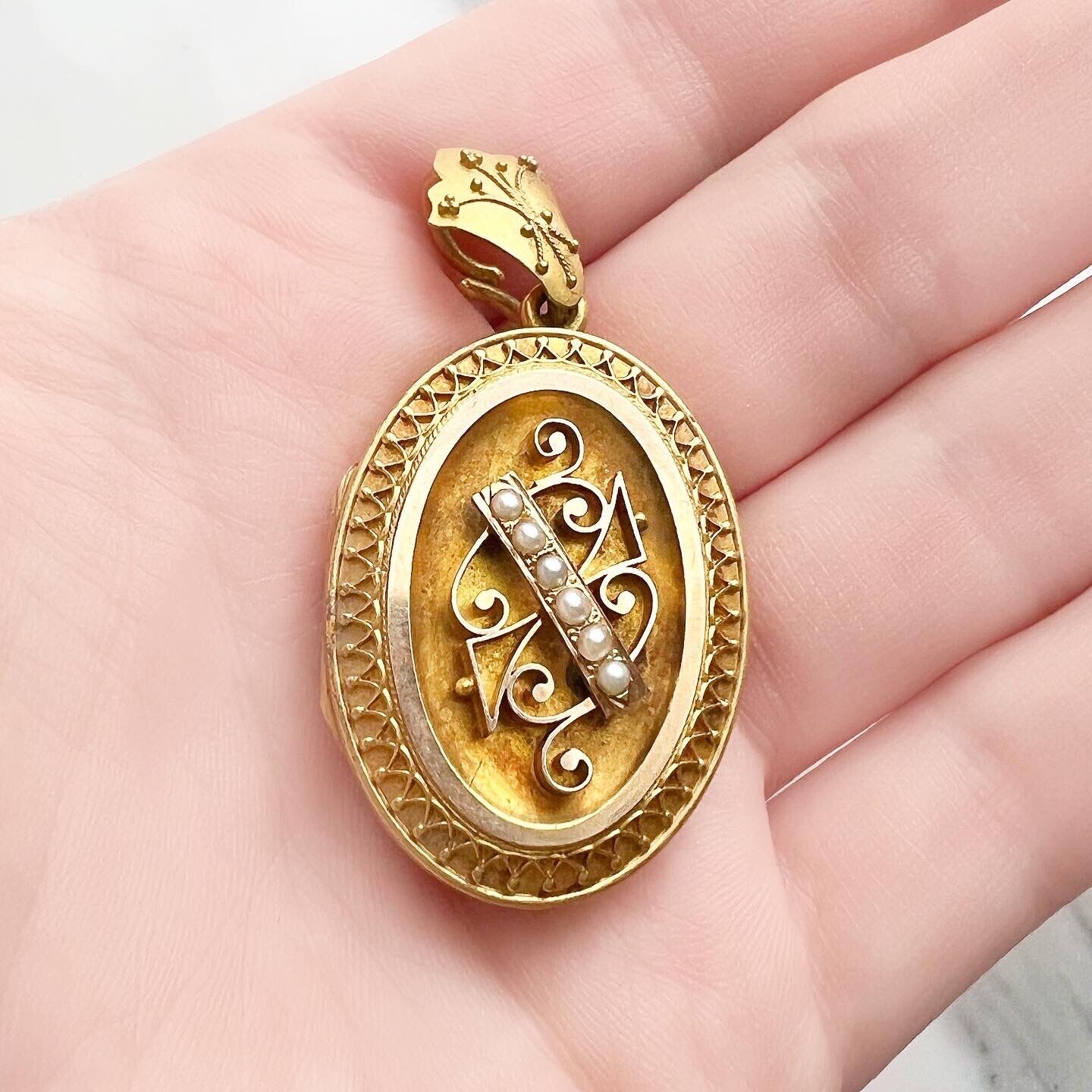 ANTIQUE • Victorian Etruscan Style 18k Yellow Gold w/ Seed Pearls Locket Pendant