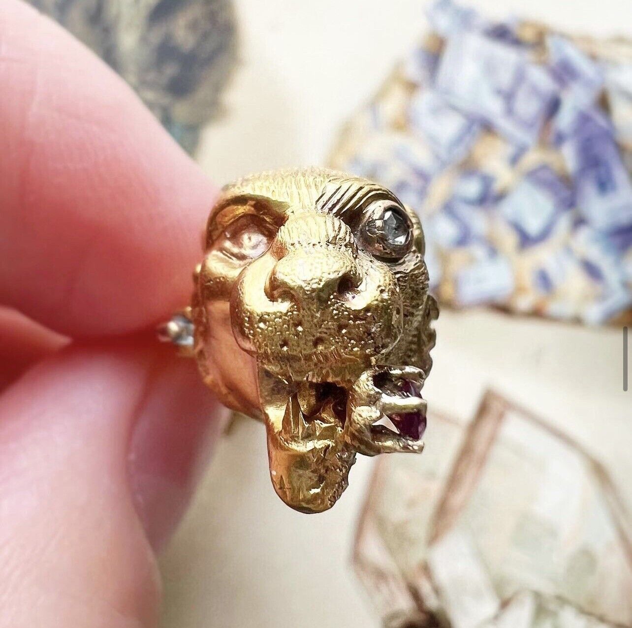 ANTIQUE • Victorian 14k Gold w/ Diamond & Ruby Etruscan Style Double Lion Brooch