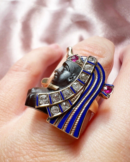 ANTIQUE • Art Deco 14k Cleopatra Ring w/ Carved Sardonyx, Diamond, Ruby & Enamel