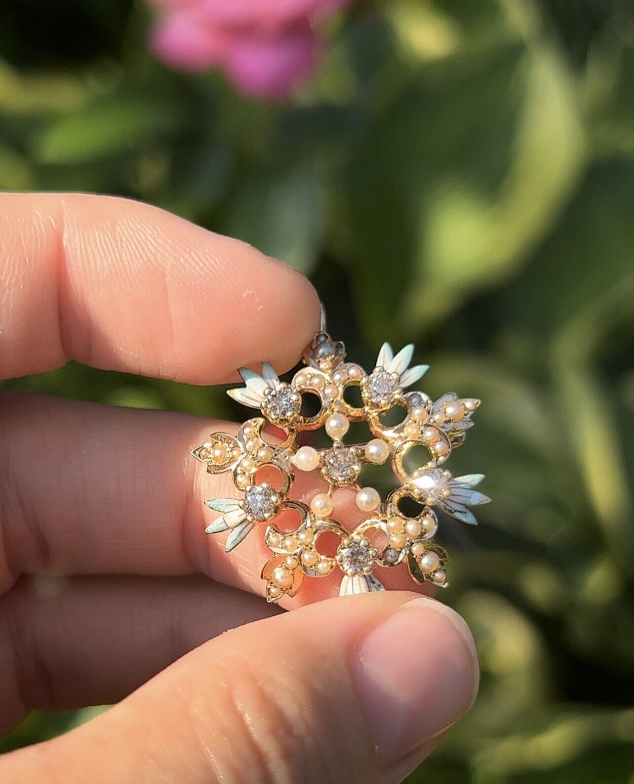 ANTIQUE • Art Nouveau 14k Yellow Gold Diamond w/ Enamel Flower Brooch Pendant