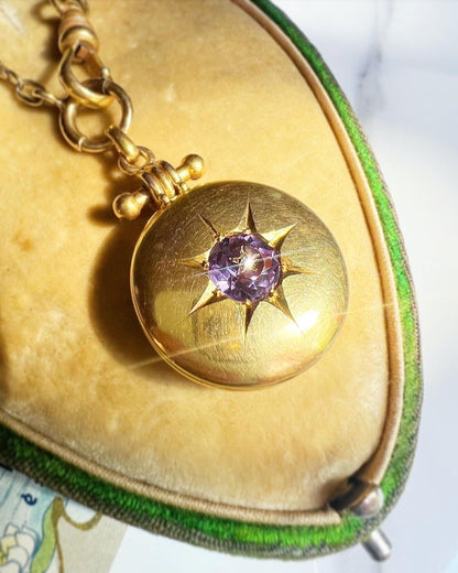 ANTIQUE • Victorian 14k Yellow Gold w/ Amethyst & Diamond Picture Locket