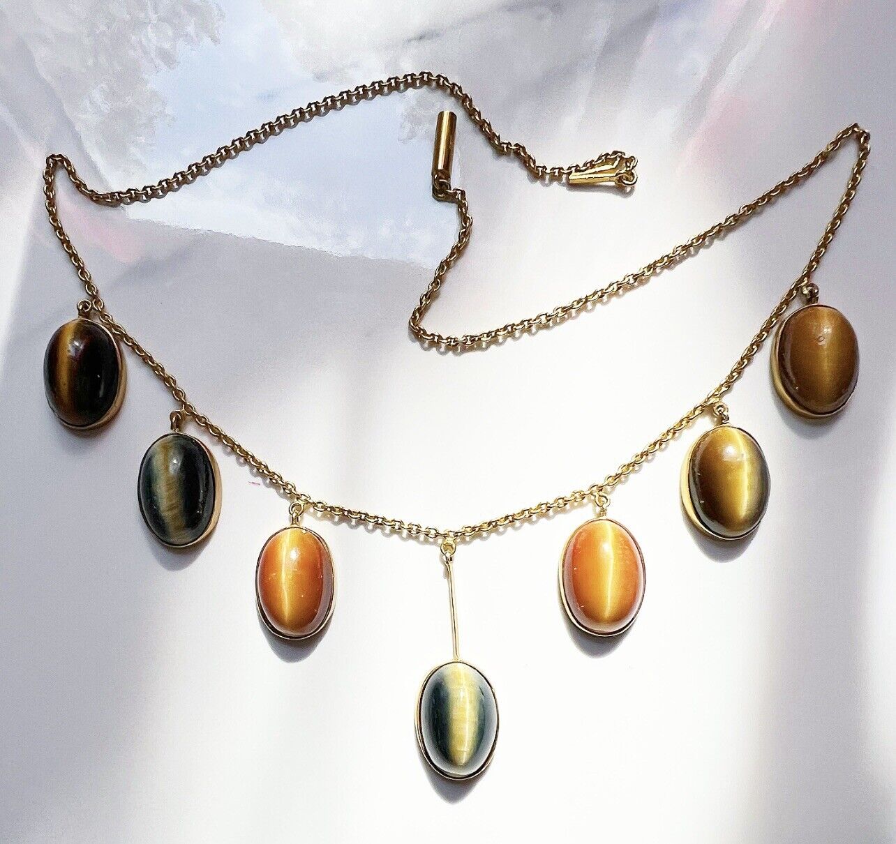 ANTIQUE • Victorian 15ct Yellow Gold w/ Tri-Color Tiger’s Eye Festoon Necklace