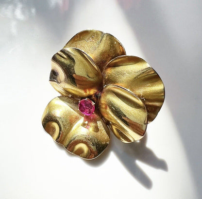 ANTIQUE • Victorian 14k Yellow Gold Pansy Brooch w/ Old Cushion Cut Ruby Center