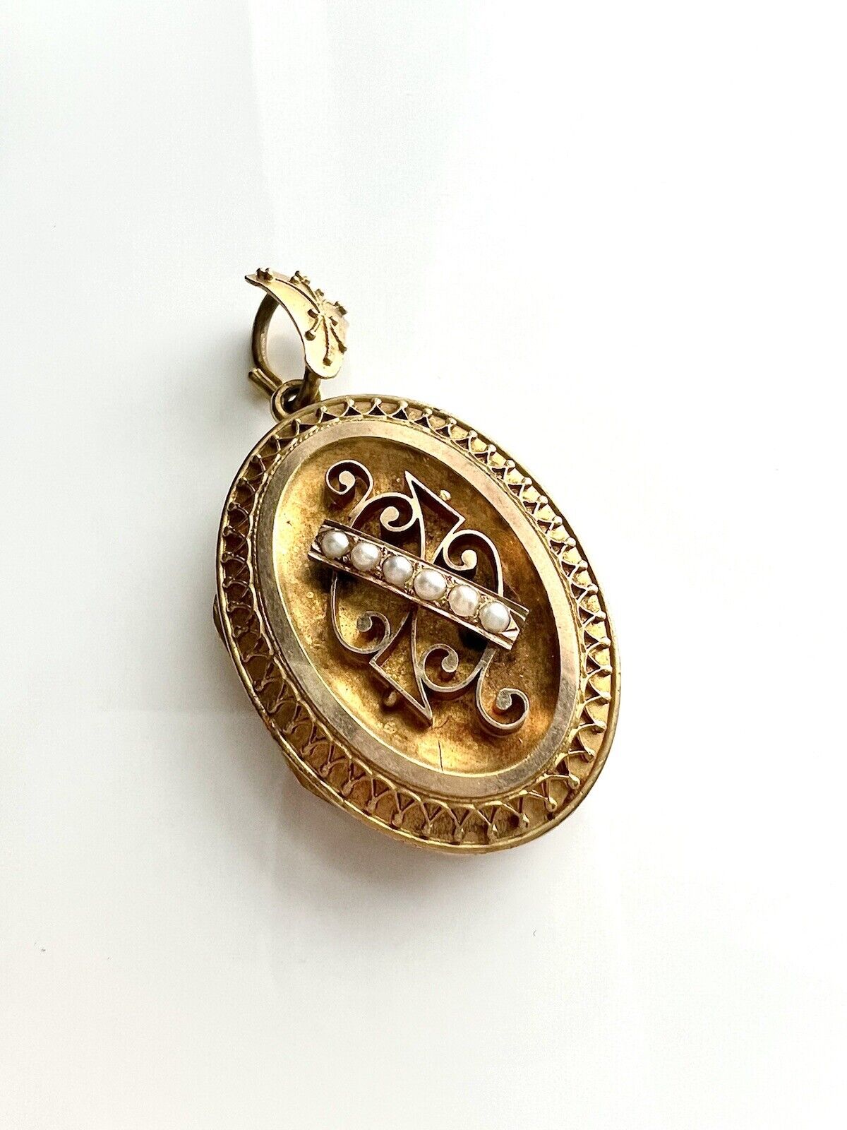 ANTIQUE • Victorian Etruscan Style 18k Yellow Gold w/ Seed Pearls Locket Pendant