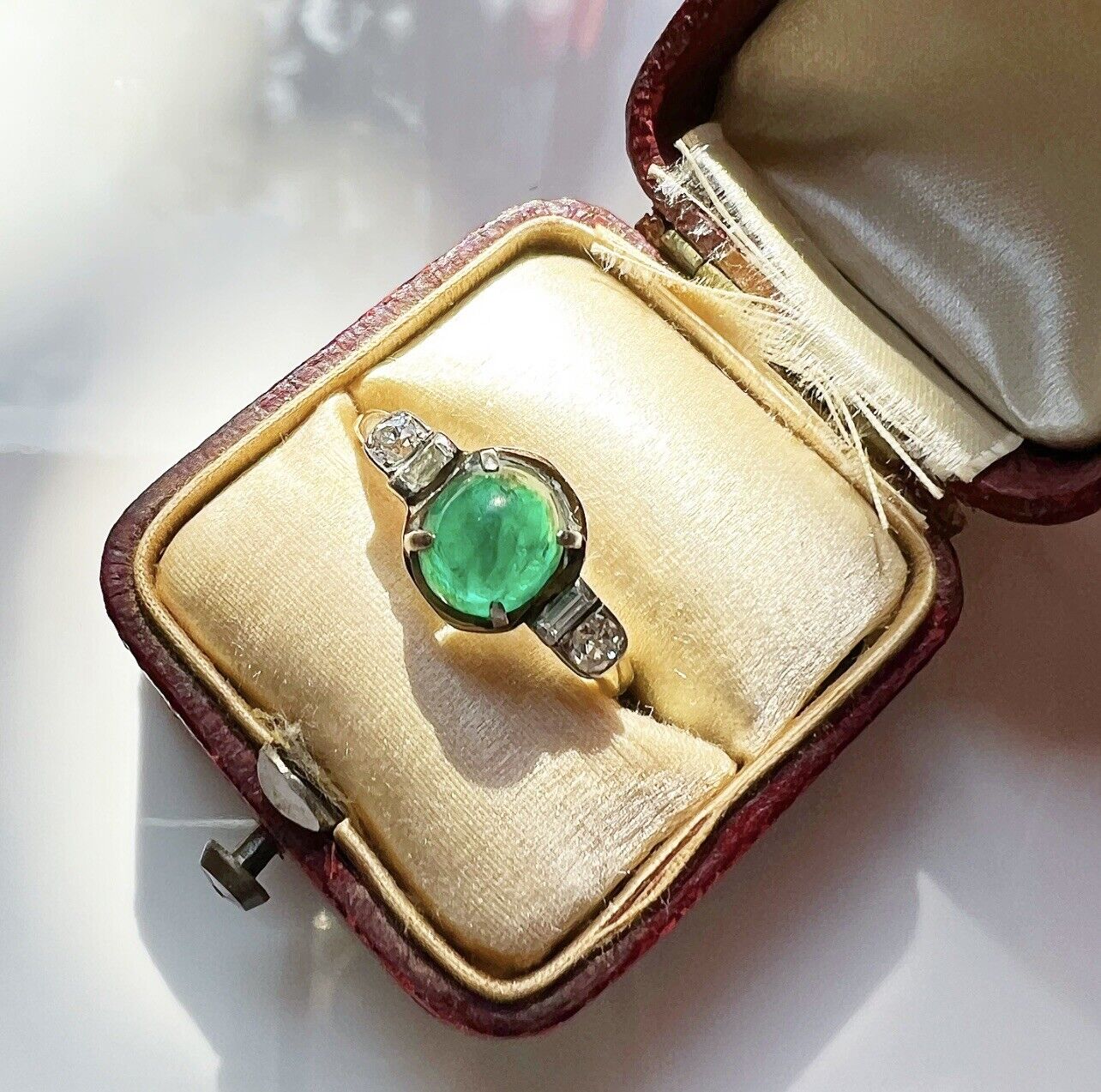 ANTIQUE • Art Deco Two-tone 14k w/ Emerald, OMC Diamond & Baguette Diamond Ring