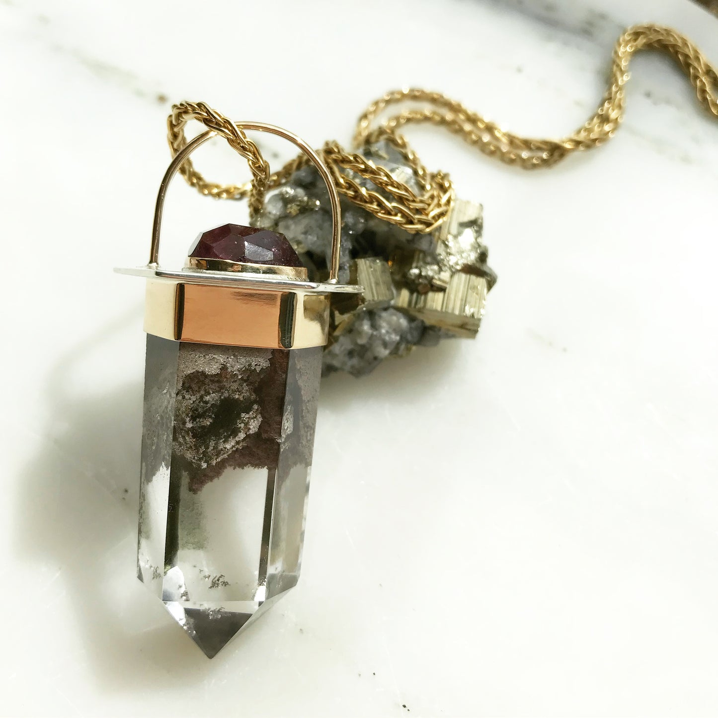 Elemental Amulet with Lodolite & Wine Red Tourmaline Crown